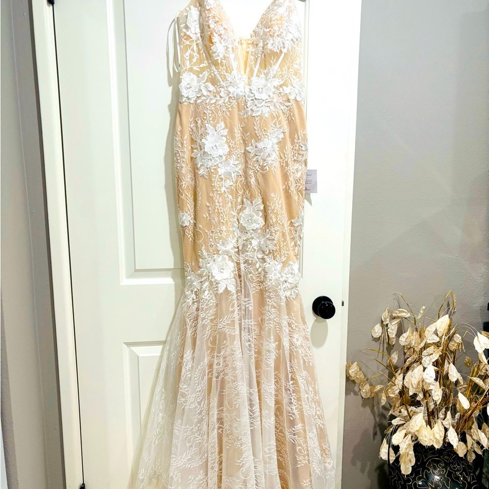 Lulu’s peachy beige and white lace mermaid style wedding dress.